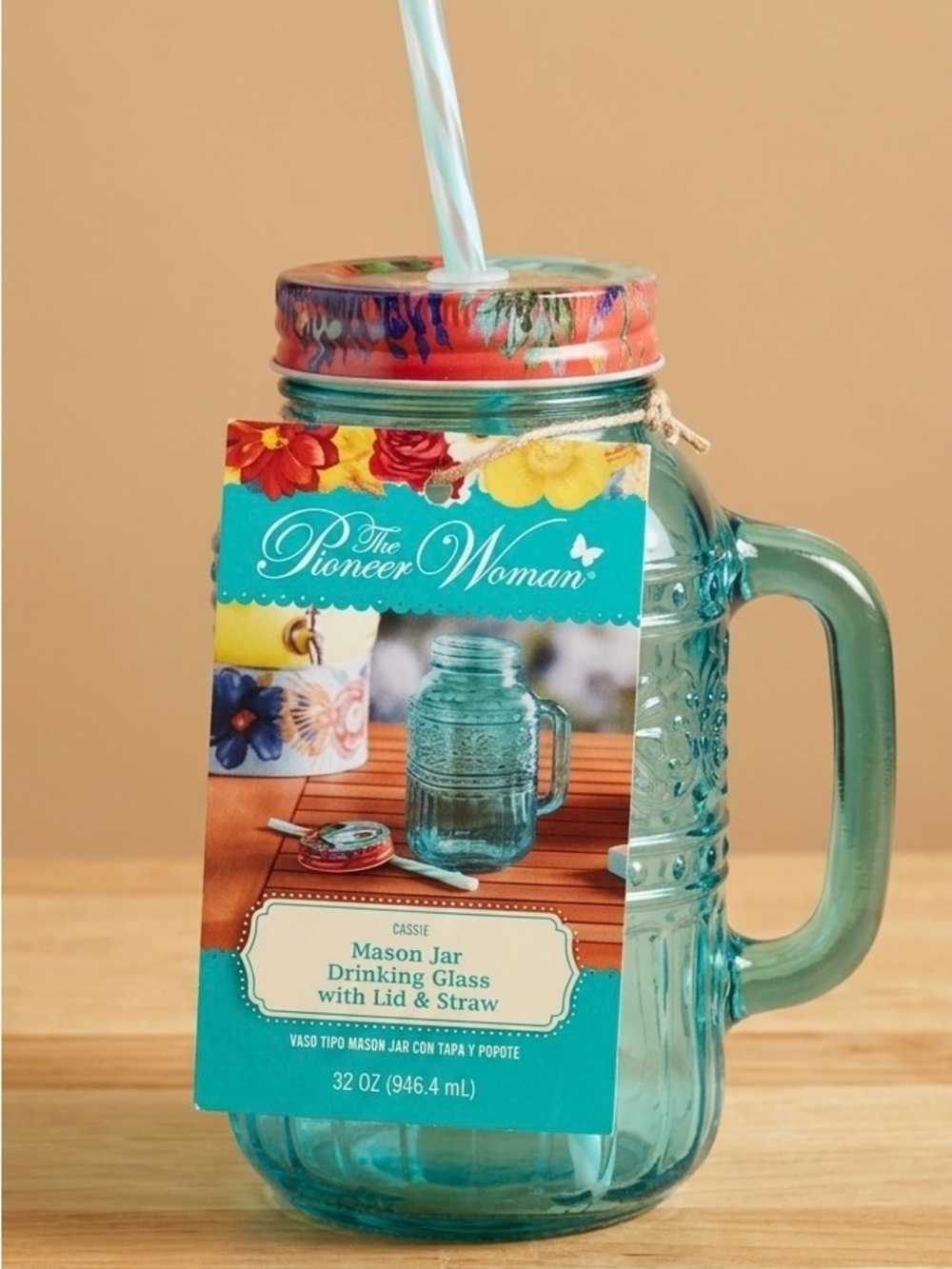 The Pioneer Woman Cassie Mason Jar Drinking Glass with Lid & Straw